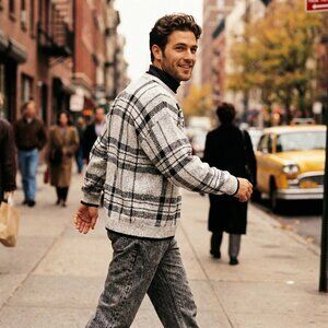 Hunt Club Mens Large Black Gray Plaid Knit Sweater Vintage 80s Cotton Blend Prep